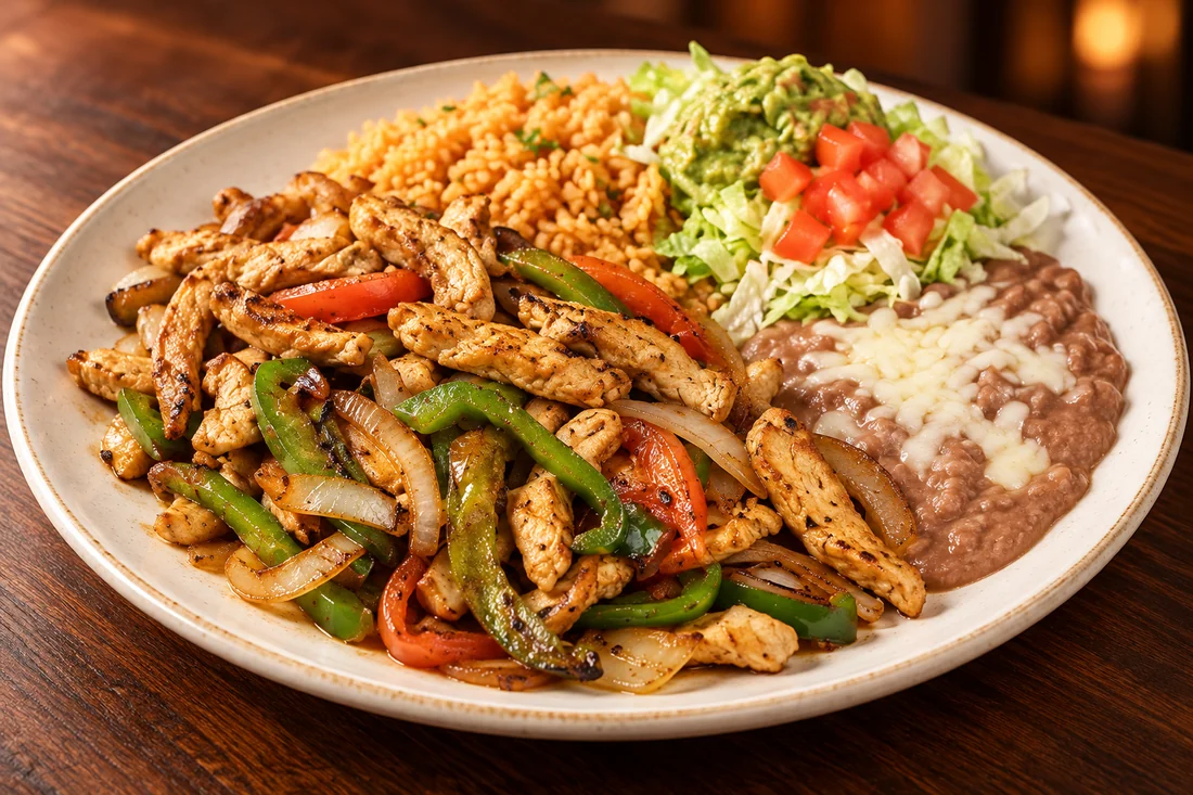 Fajita platter with peppers, rice and beans