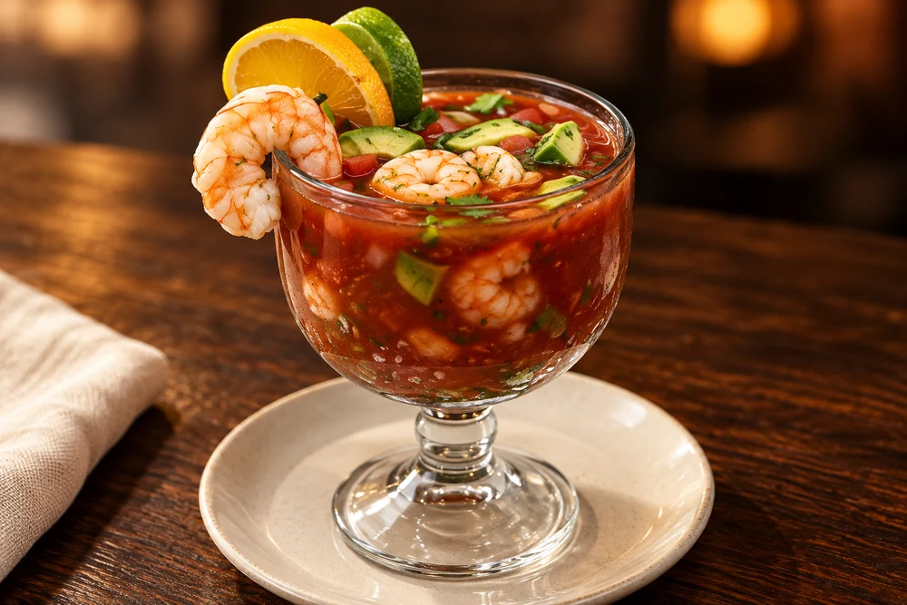 Shrimp cocktail in a glass with citrus garnish